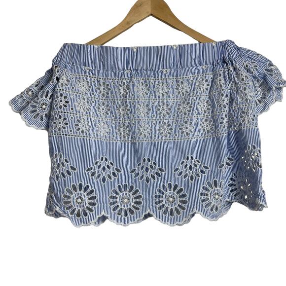 SEA New York Off-the-Shoulder Blue White Stripe Eyelet Top Size 0 - Picture 7 of 9